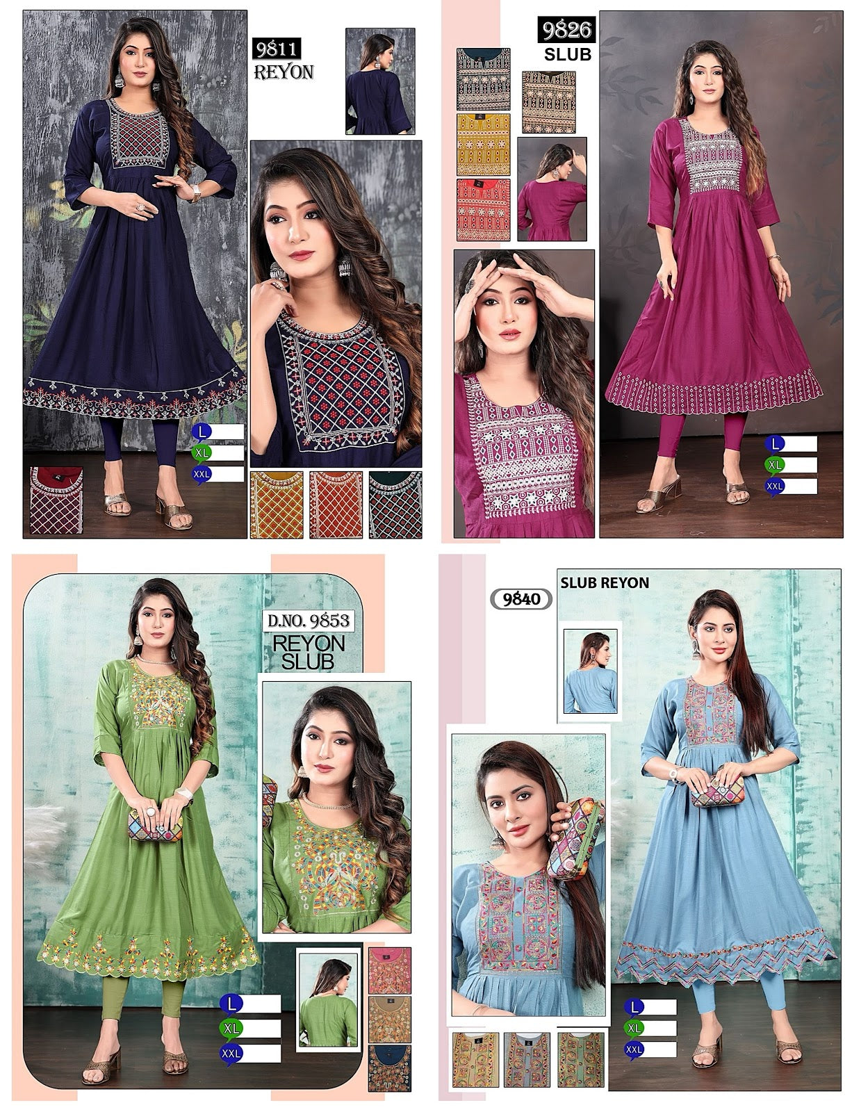9840-9853 Mmc Rayon Slub Anarkali Kurtis