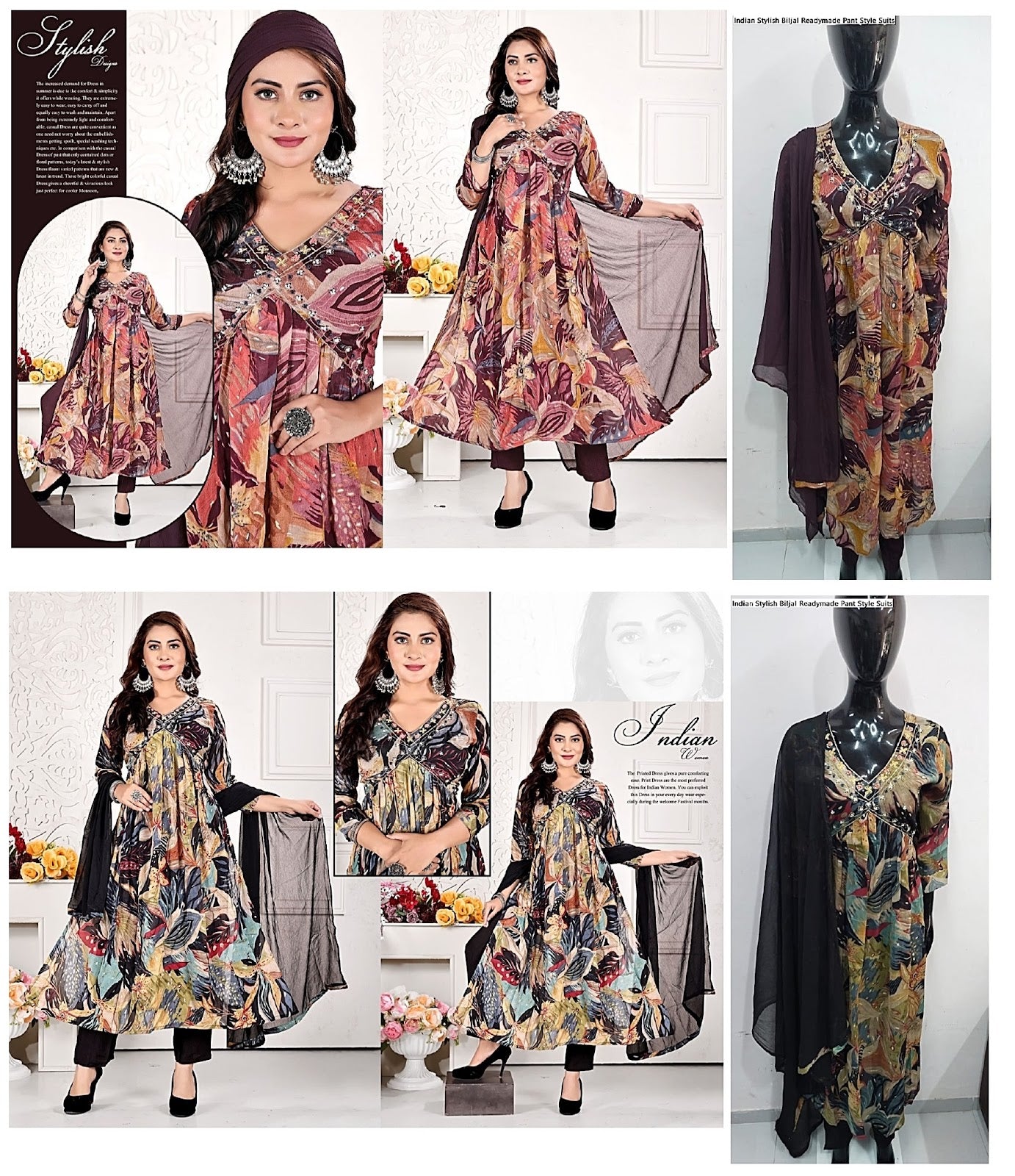 Indian Stylish Biljal Chinon Readymade Pant Style Suits