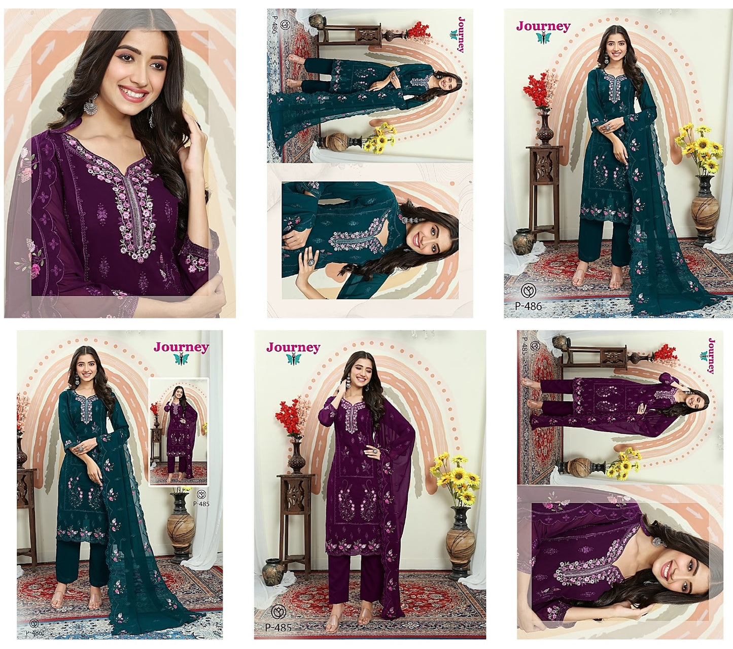 P 485 N 486 Journey Design Georgette Readymade Pant Style Suits