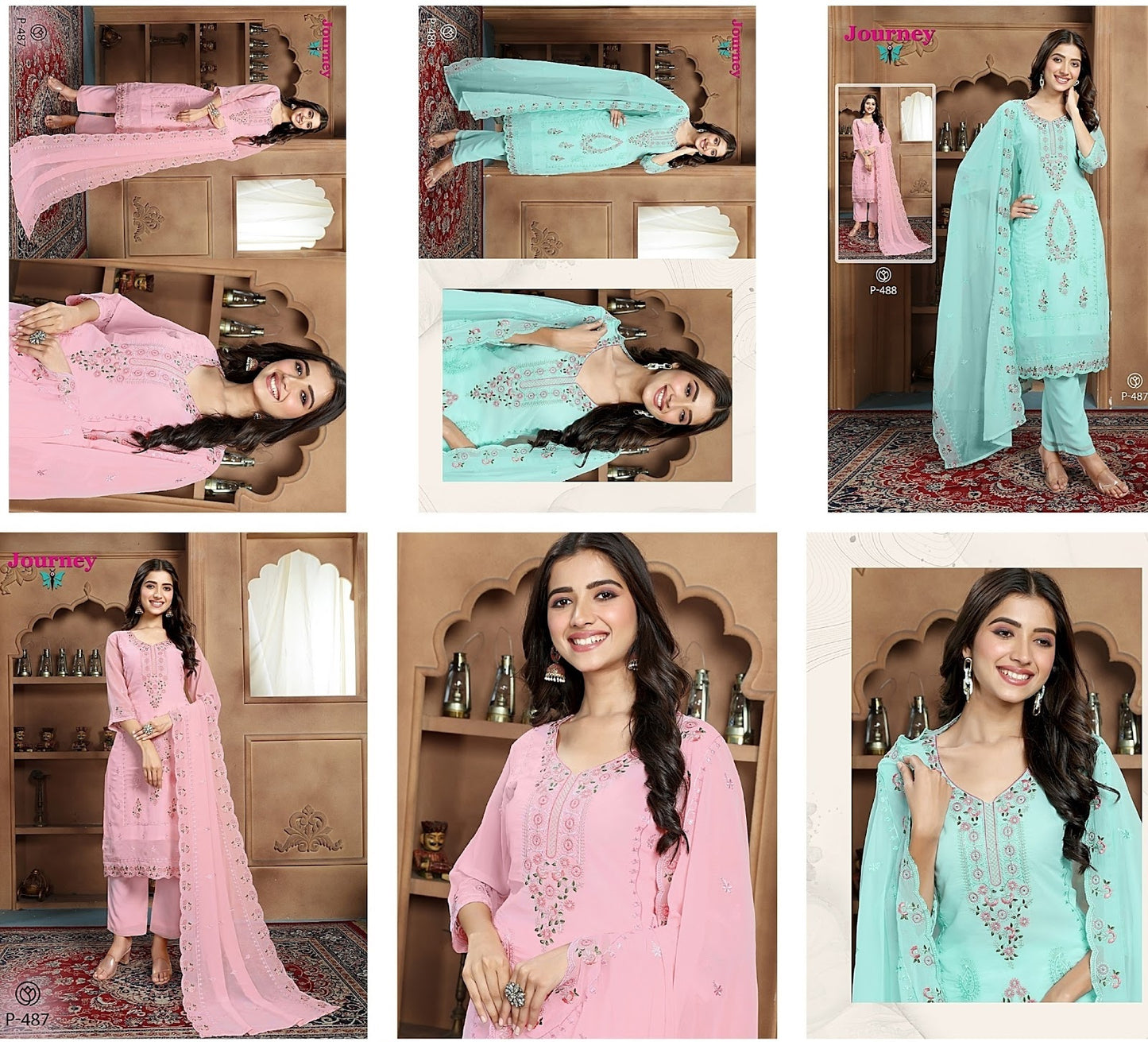 P 487 N 488 Journey Design Georgette Readymade Pant Style Suits