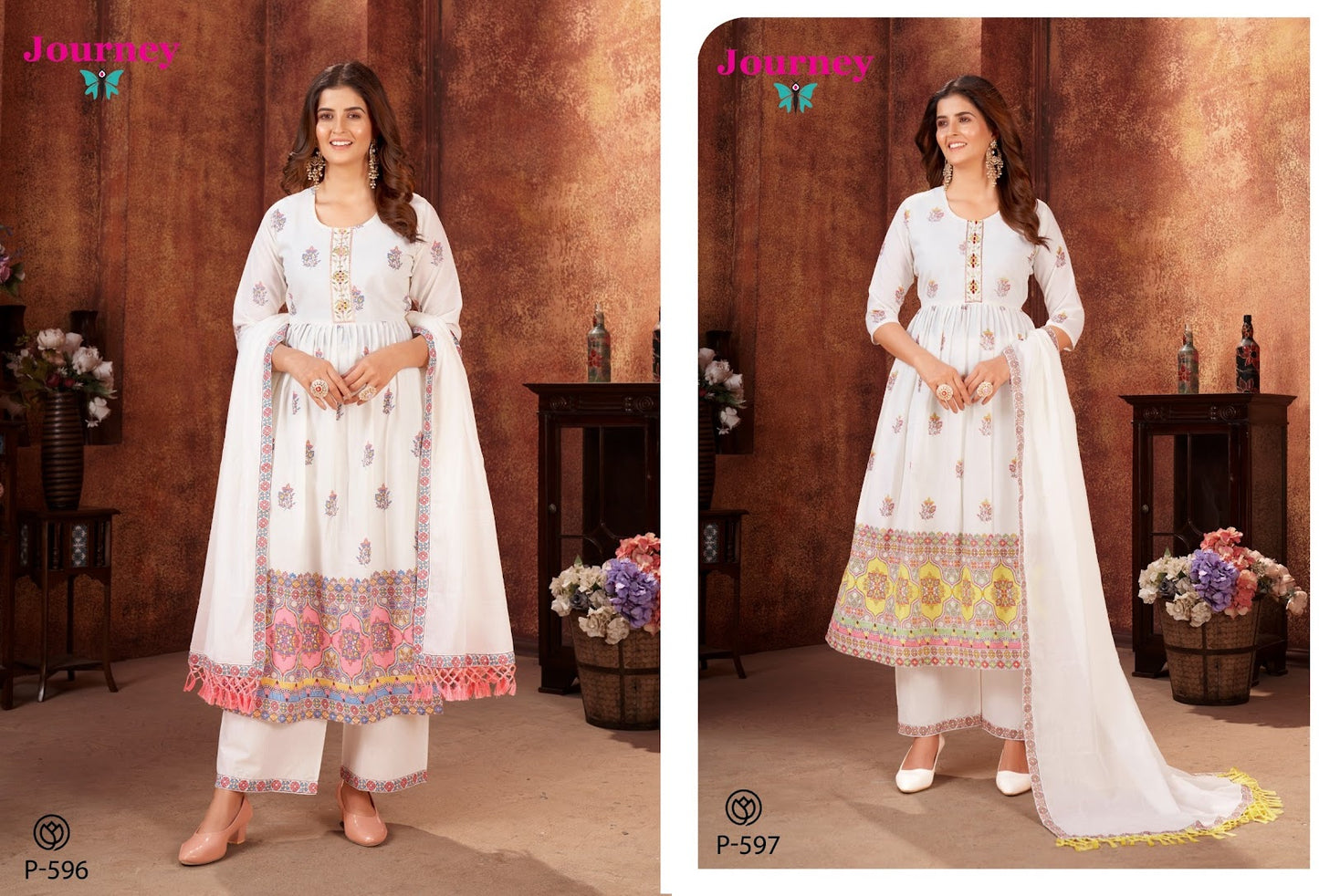 P 596-597 Journey Design Cambric Cotton Readymade Pant Style Suits