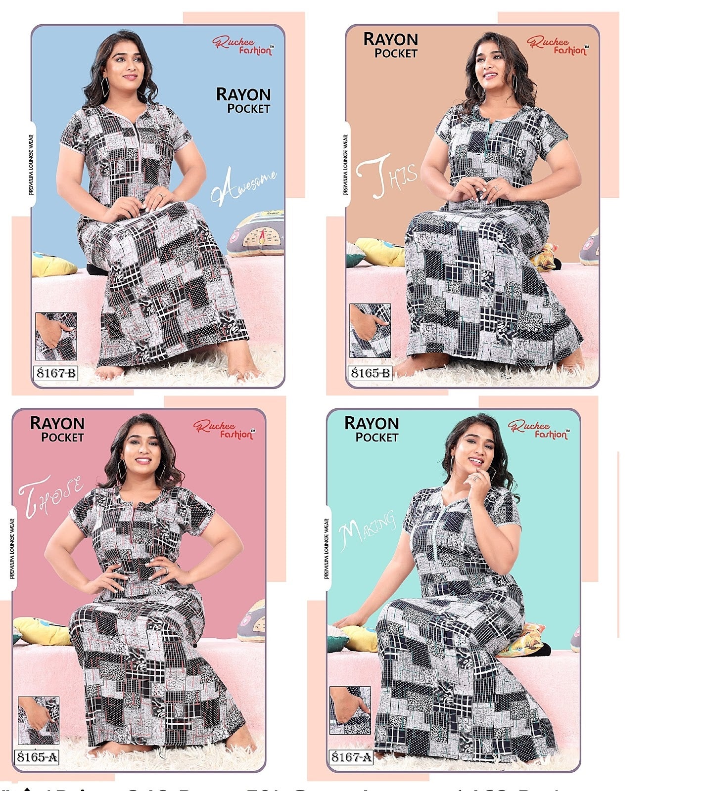 Rayon Pocket Ruchee Fashion Night Gowns