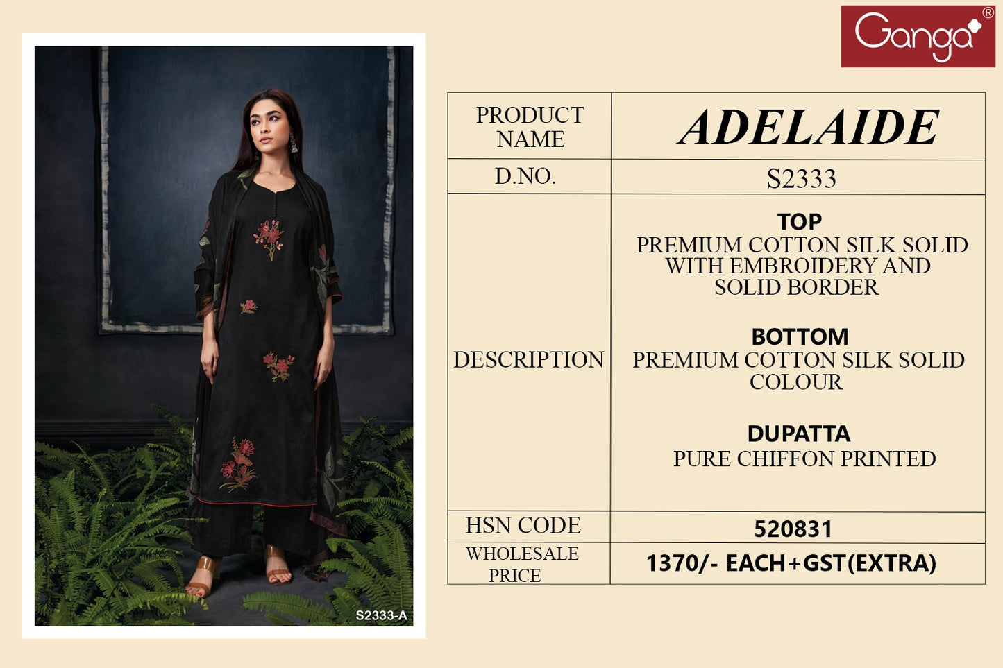Adelaide 2333 Ganga Cotton Silk Plazzo Style Suits