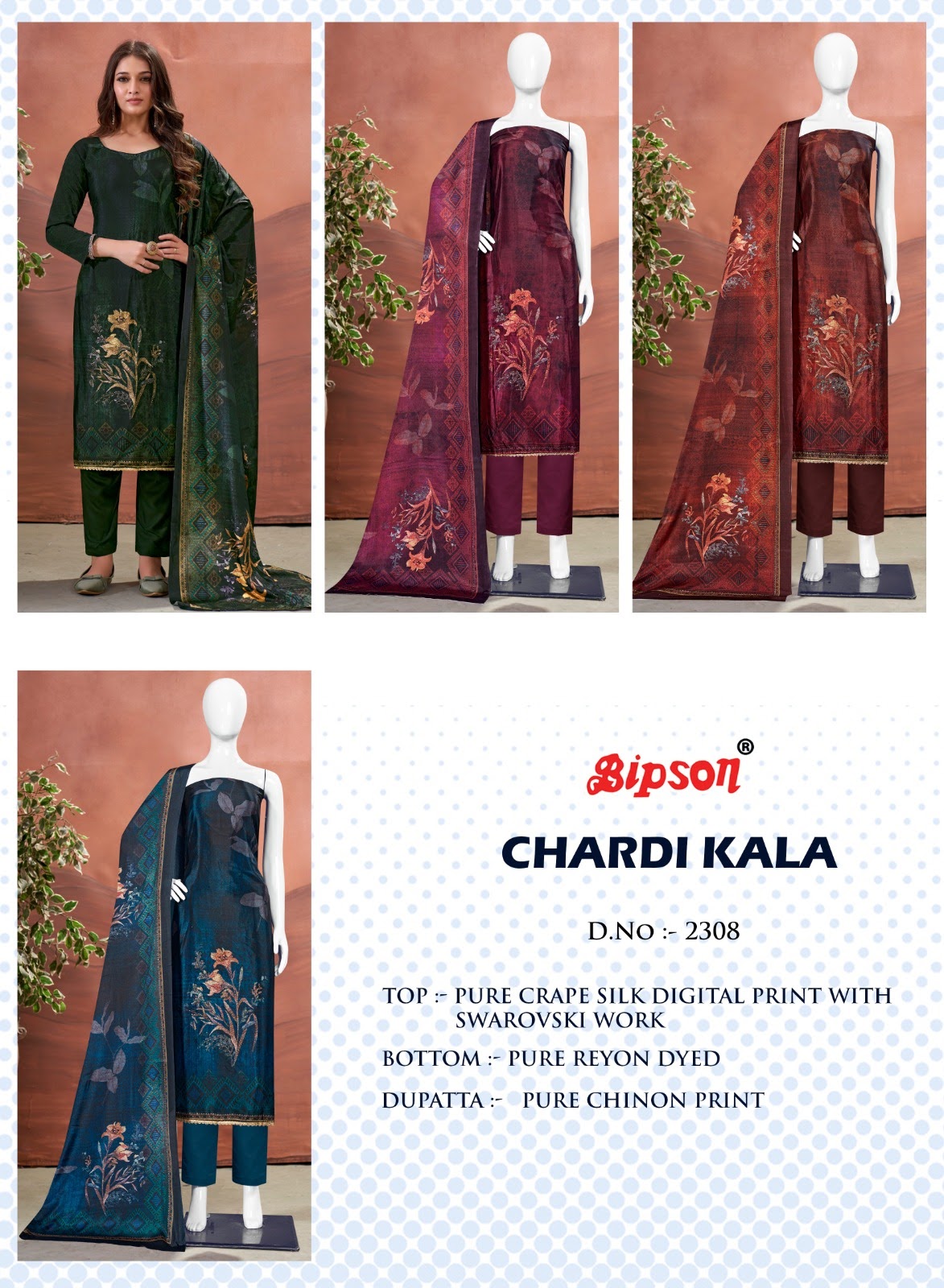 Chardi Kala 2308 Bipson Prints Crepe Silk Pant Style Suits