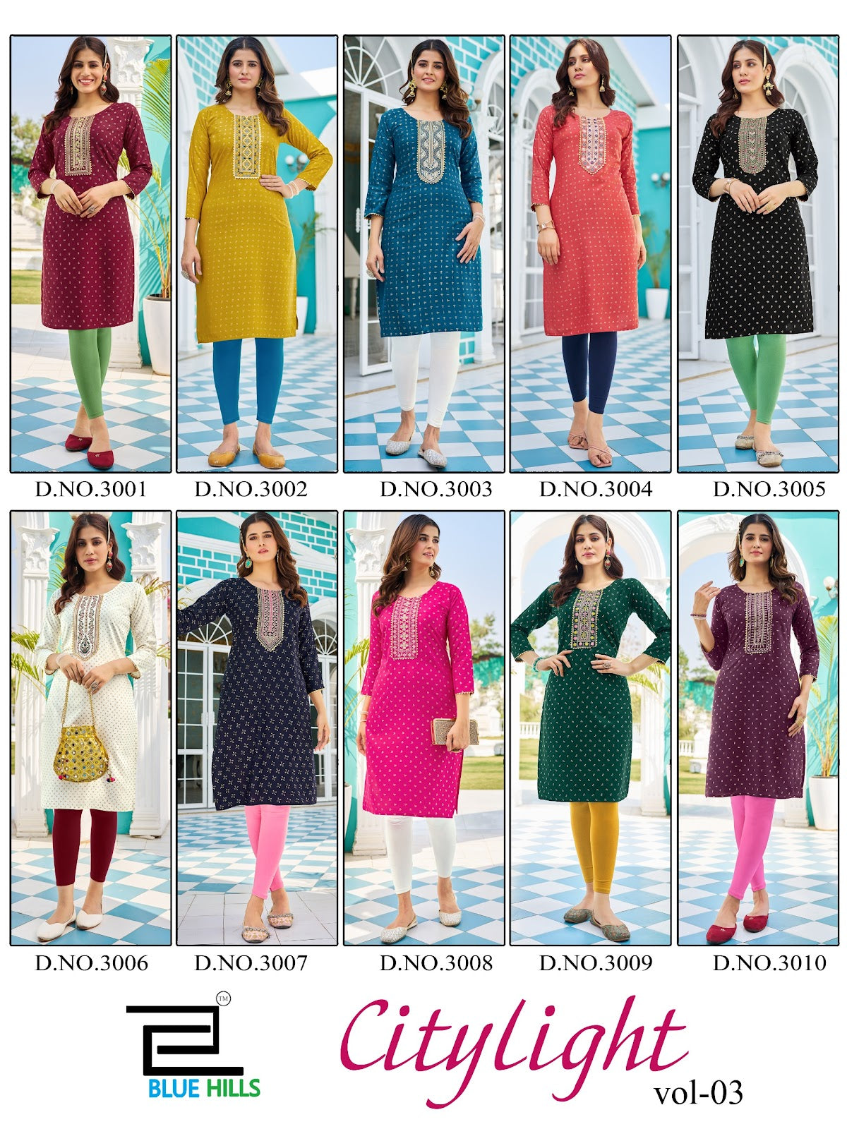City Light Vol 3 Blue Hills Rayon 14Kg Knee Length Kurtis