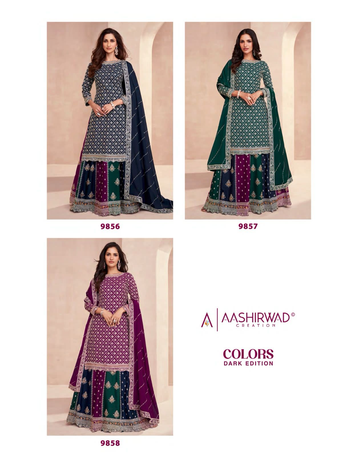 Colors-Dark Edition Aashirwad Creation Chinon Silk Peplum Skirt Suits