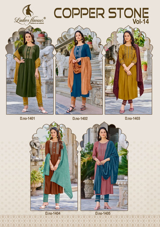Copper Stone Vol 14 Ladies Flavour Viscose Dobby Readymade Pant Style Suits