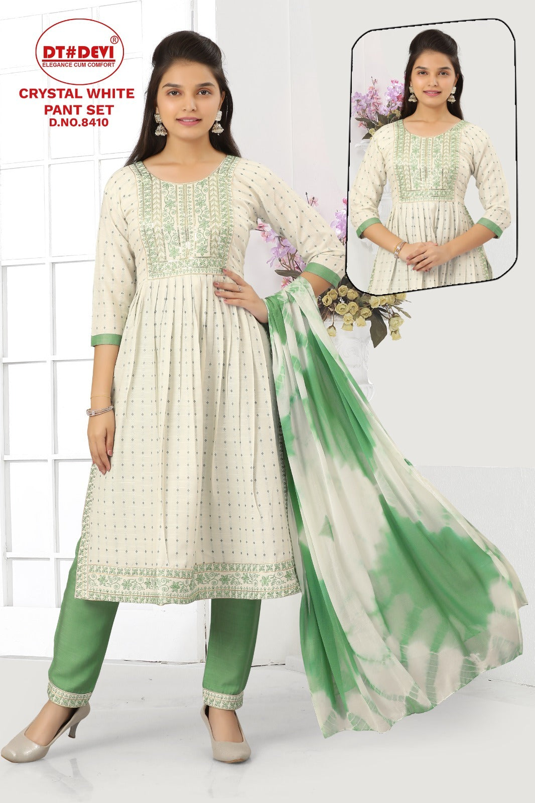 Crystal White Dt Devi Heavy Cotton Girls Readymade Pant Suits