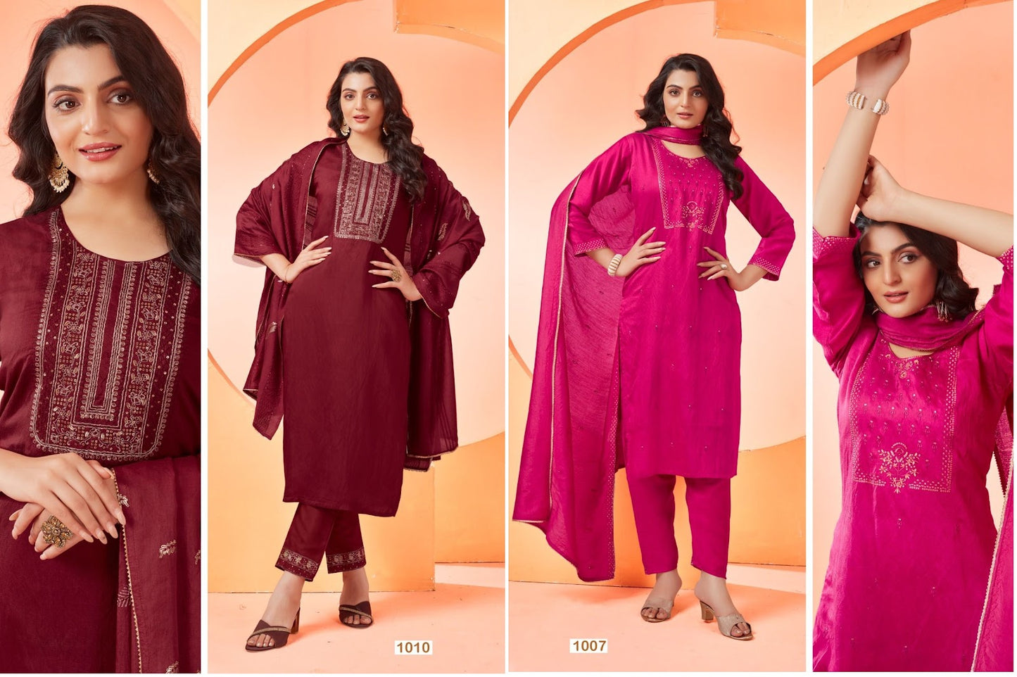 Design 1007-1010 Riya Roman Silk Readymade Pant Style Suits