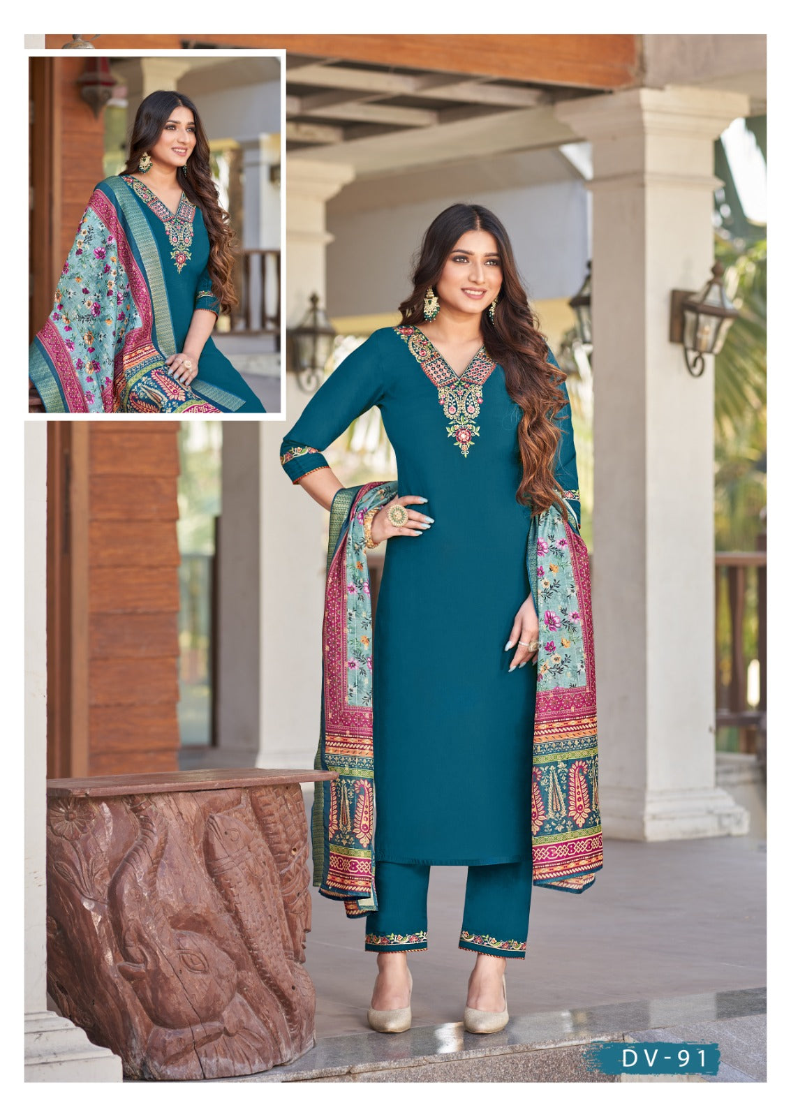 Dv-91 Dzi Roman Silk Readymade Pant Style Suits