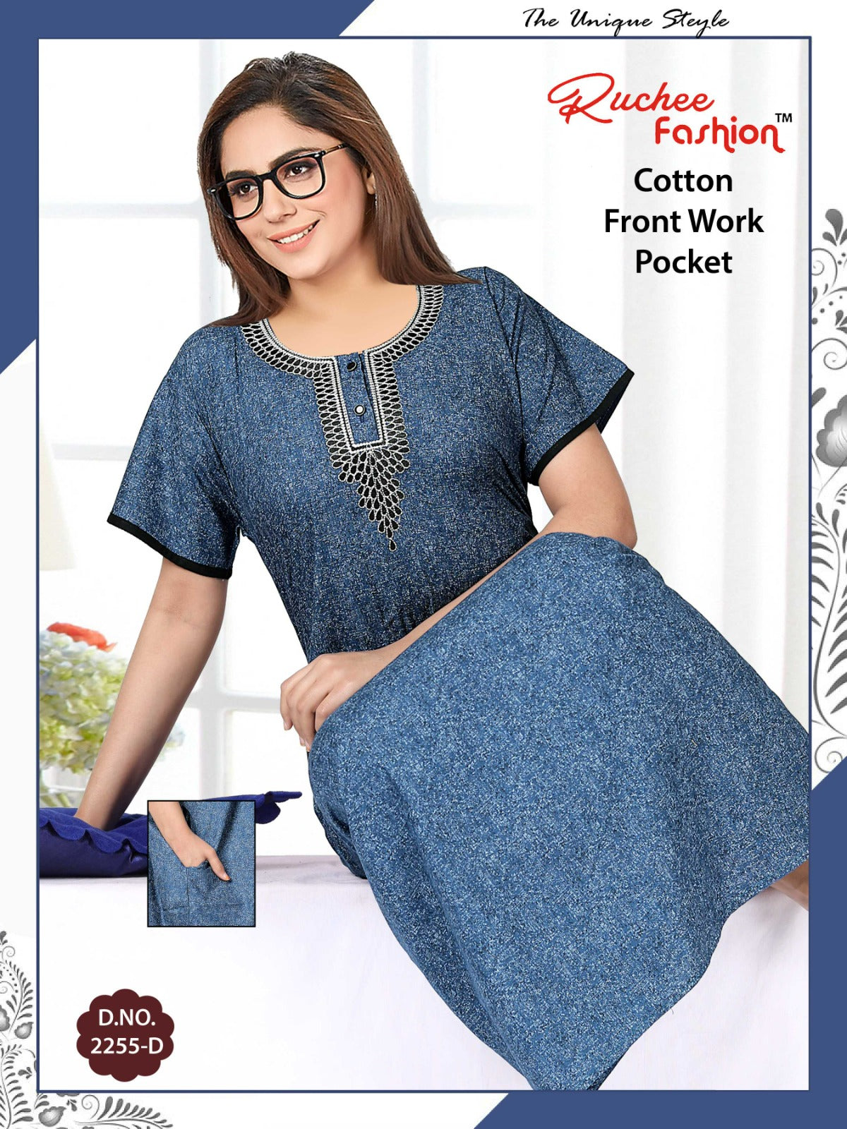 Front Work-1302 Ruchee Fashion Cotton Night Gowns