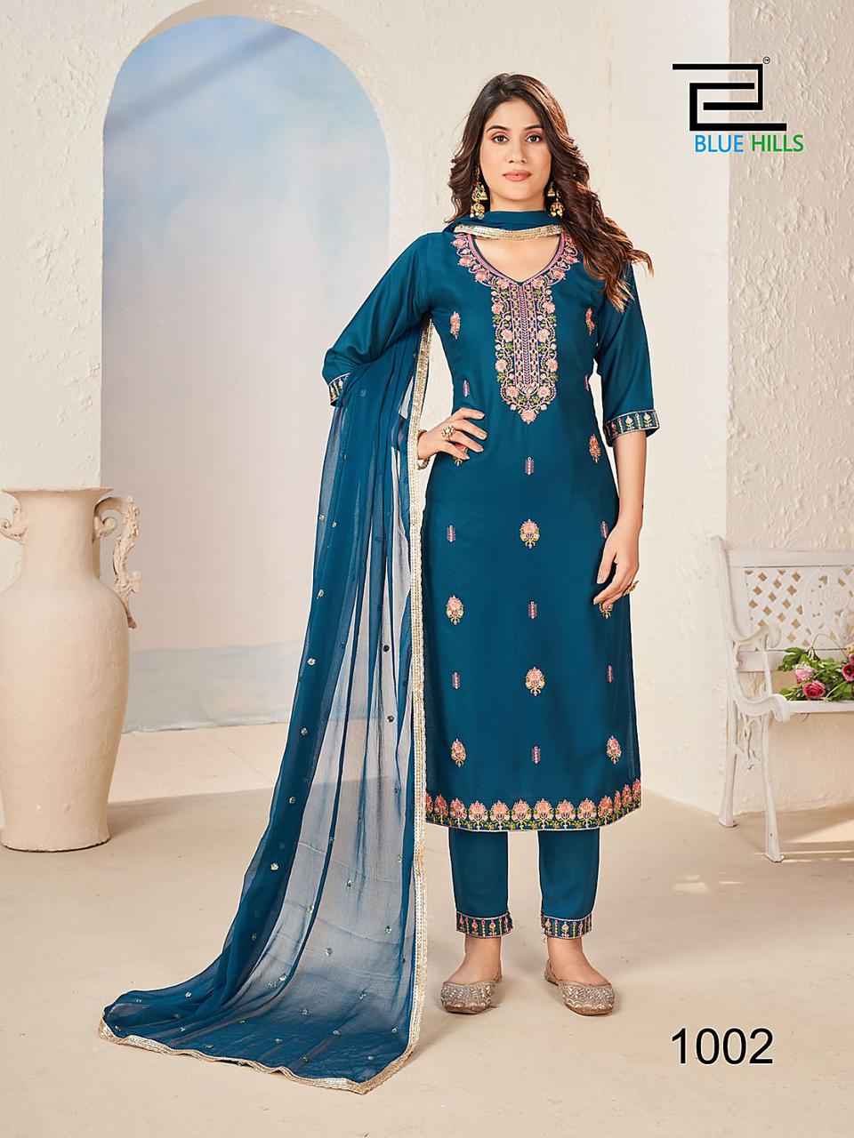 Gulab Jal Blue Hills Rayon Readymade Pant Style Suits