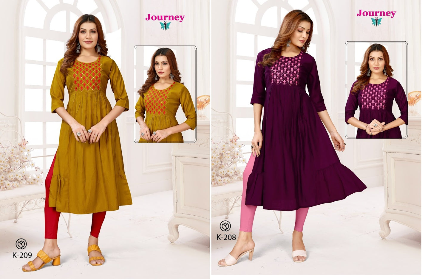K 208-209 Journey Design Roman Silk Naira Cut Kurtis
