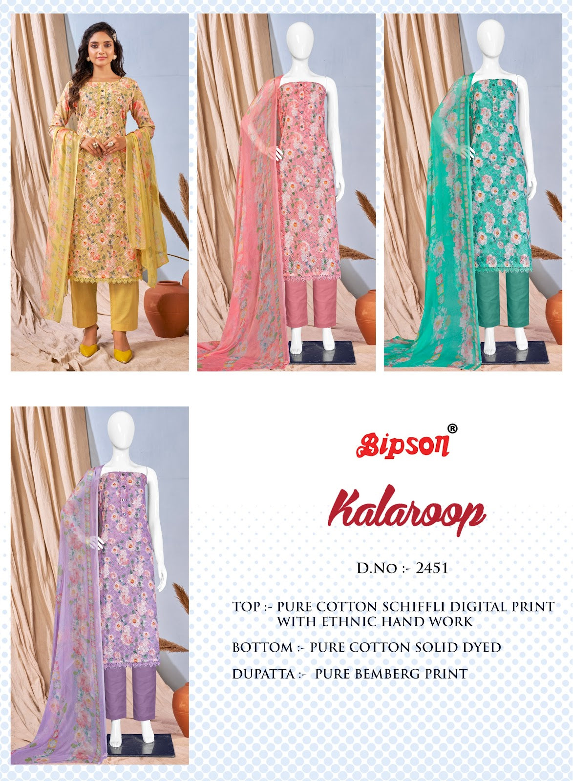 Kalaroop-2451 Bipson Prints Cotton Pant Style Suits