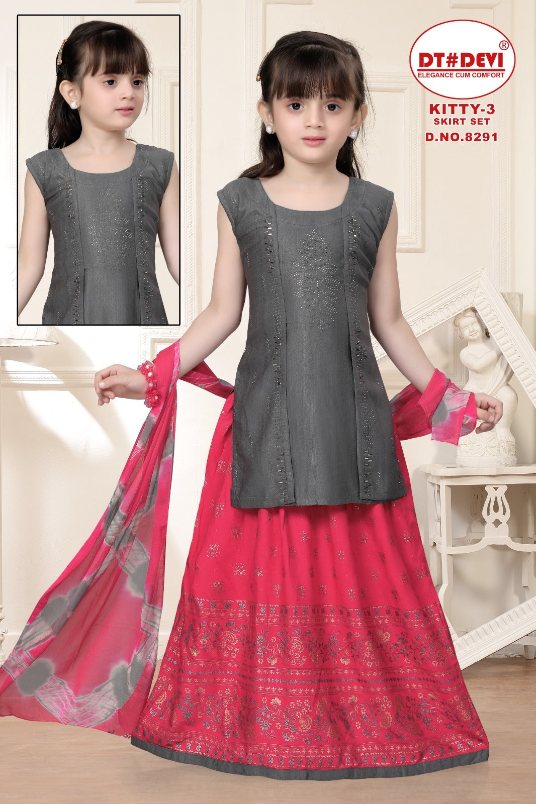 Kitty-3 8291 Dt Devi Silk Girls Readymade Skirt Style Suits