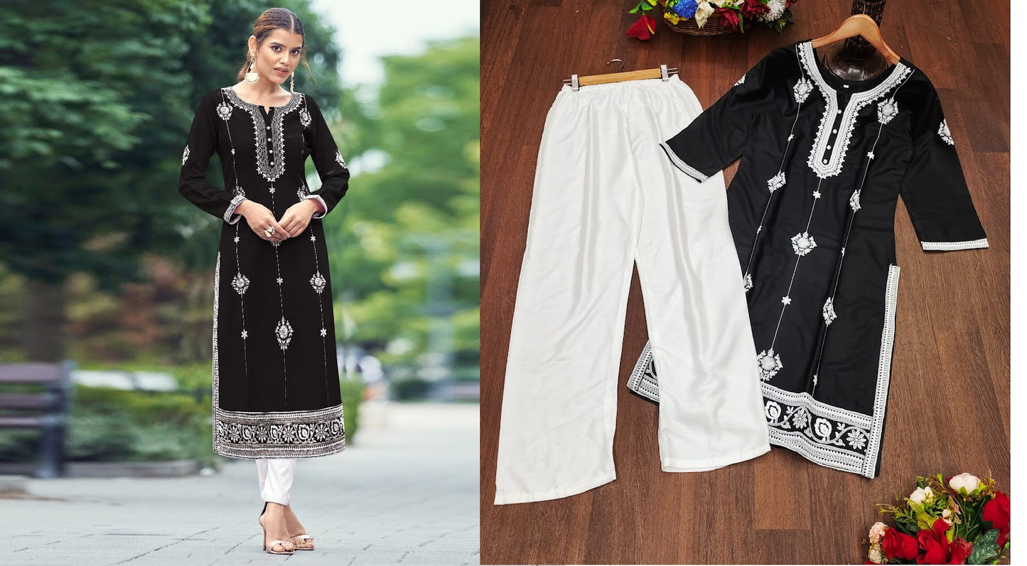 Lakhnawi Work-2501 Salas Reyon Kurti Pant Set