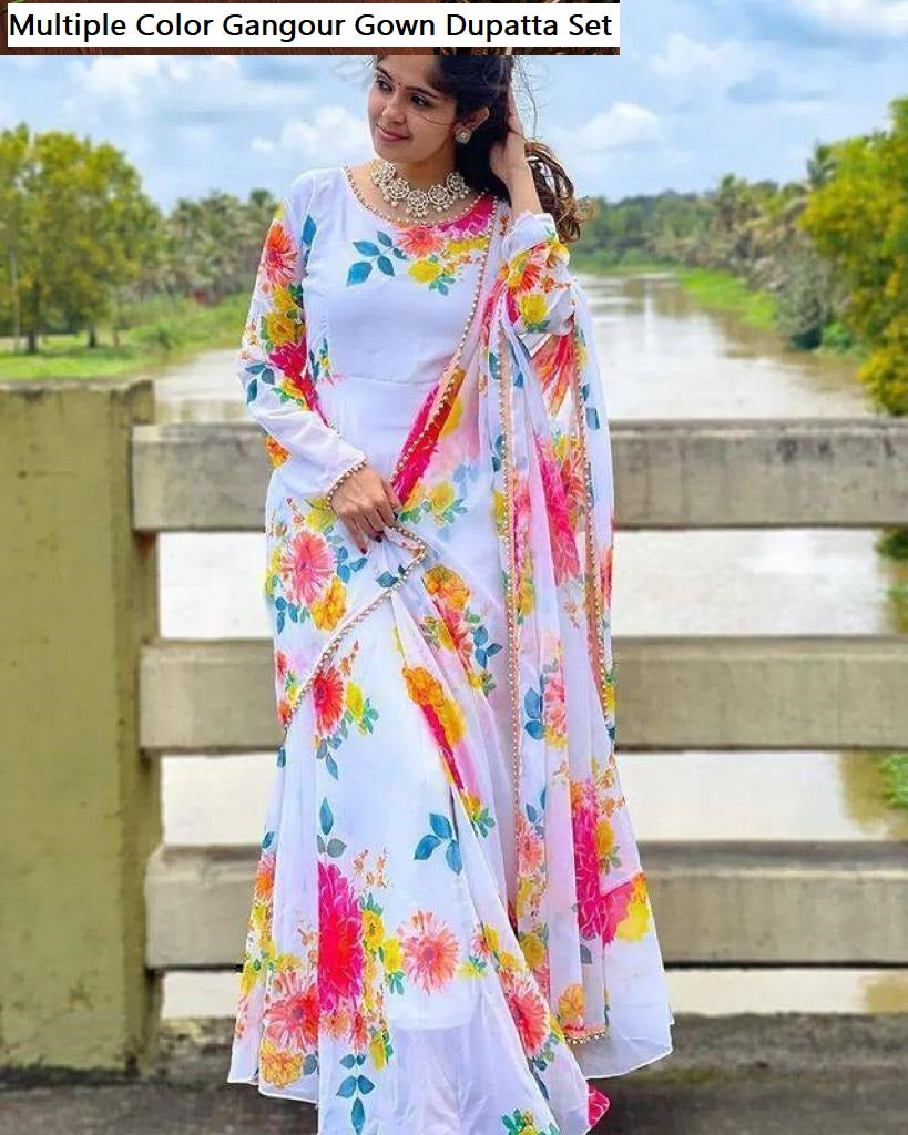 Multiple Color Gangour Georgette Gown Dupatta Set