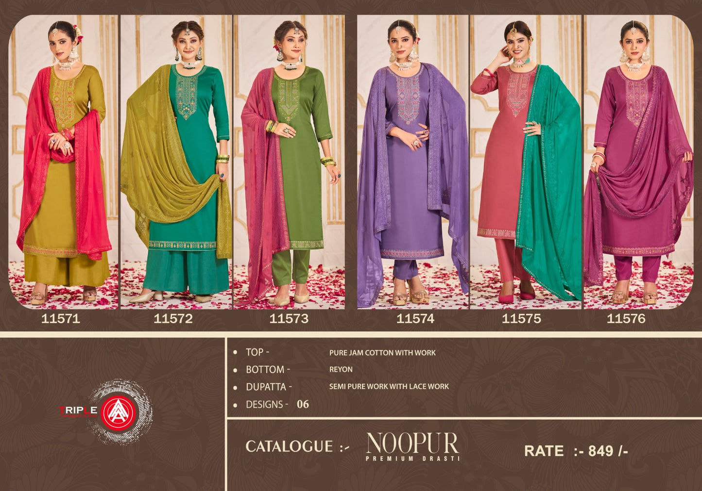 Noopur Premium Dasti Triple Aaa Jaam Cotton Plazzo Style Suits