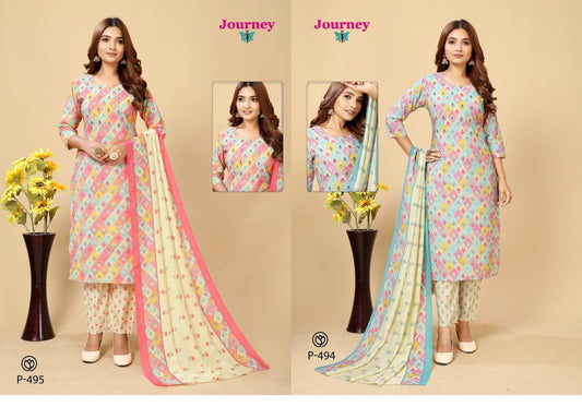 P 494 N 495 Journey Design Chanderi Readymade Pant Style Suits