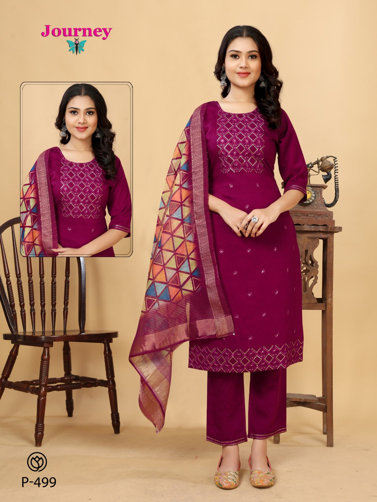 P 498-499 Journey Design Chanderi Readymade Pant Style Suits