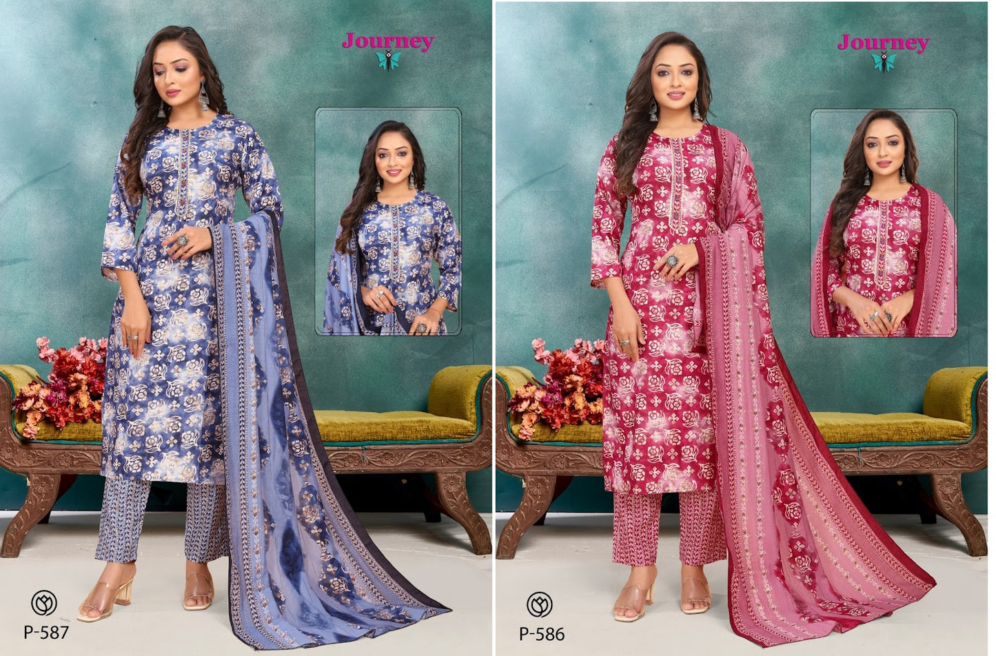 P 586-587 Journey Design Capsule Print Readymade Pant Style Suits