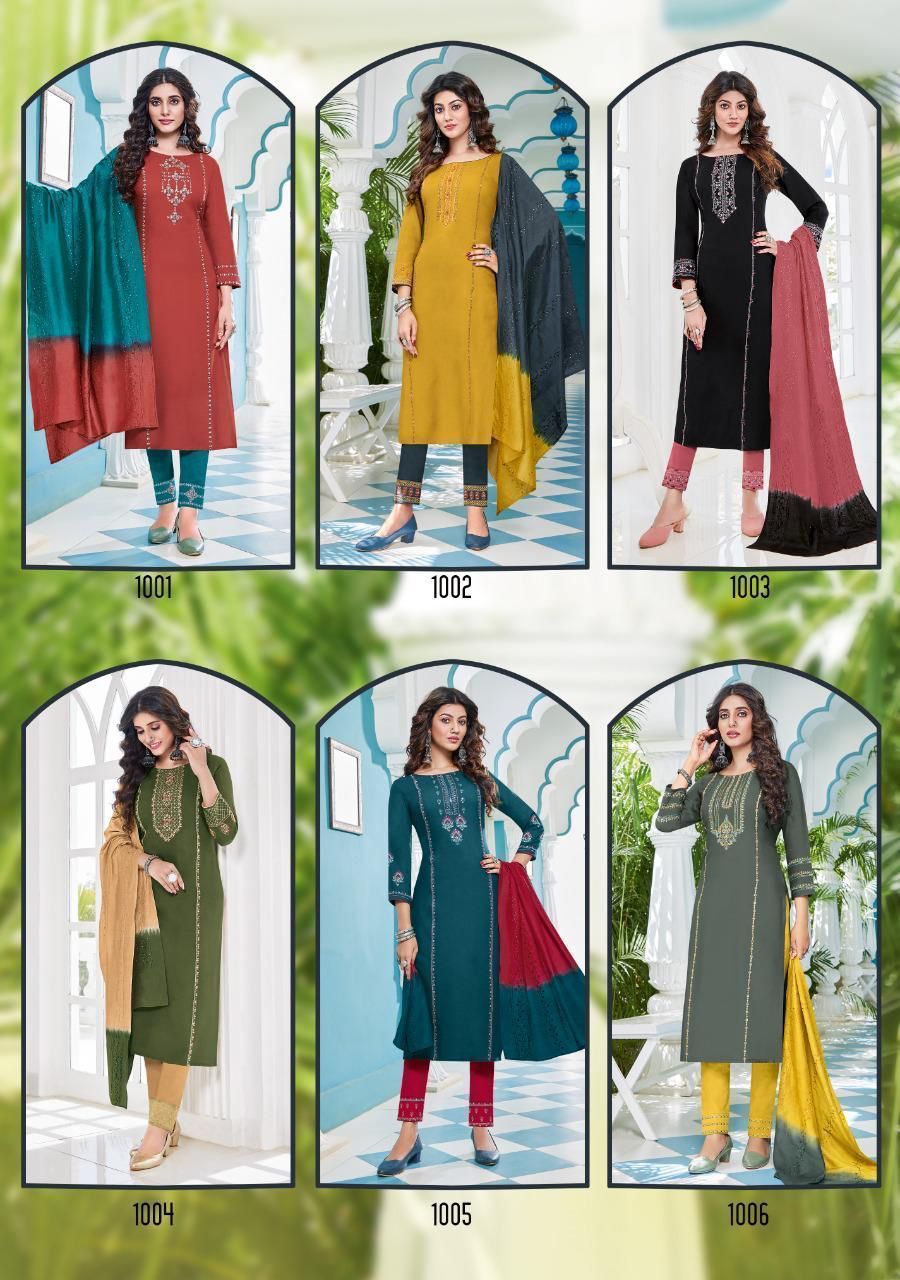 Ladies Flavour Presents Pavitra Rayon Designer Party Wear Kurtis With Pant And Dupatta main image 1
