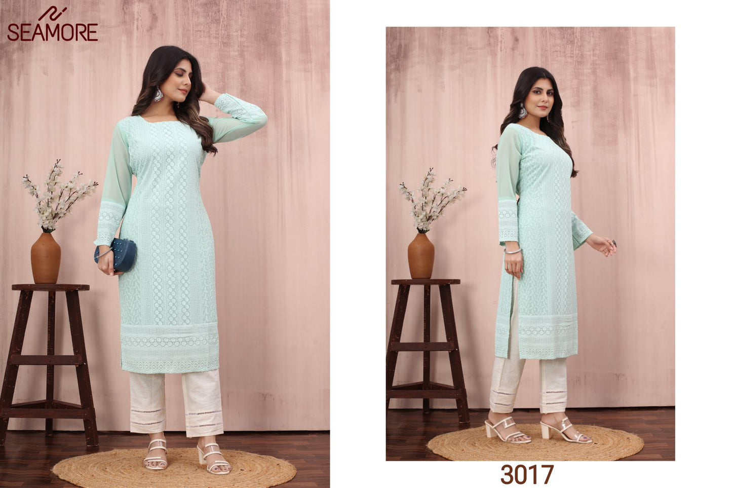 Pink Plak Vol 2 Seamore Georgette Long Straight Kurti