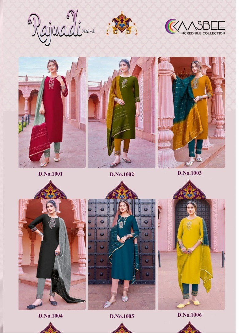 Rajwadi Vol 1 Kasbee Chinon Readymade Pant Style Suits