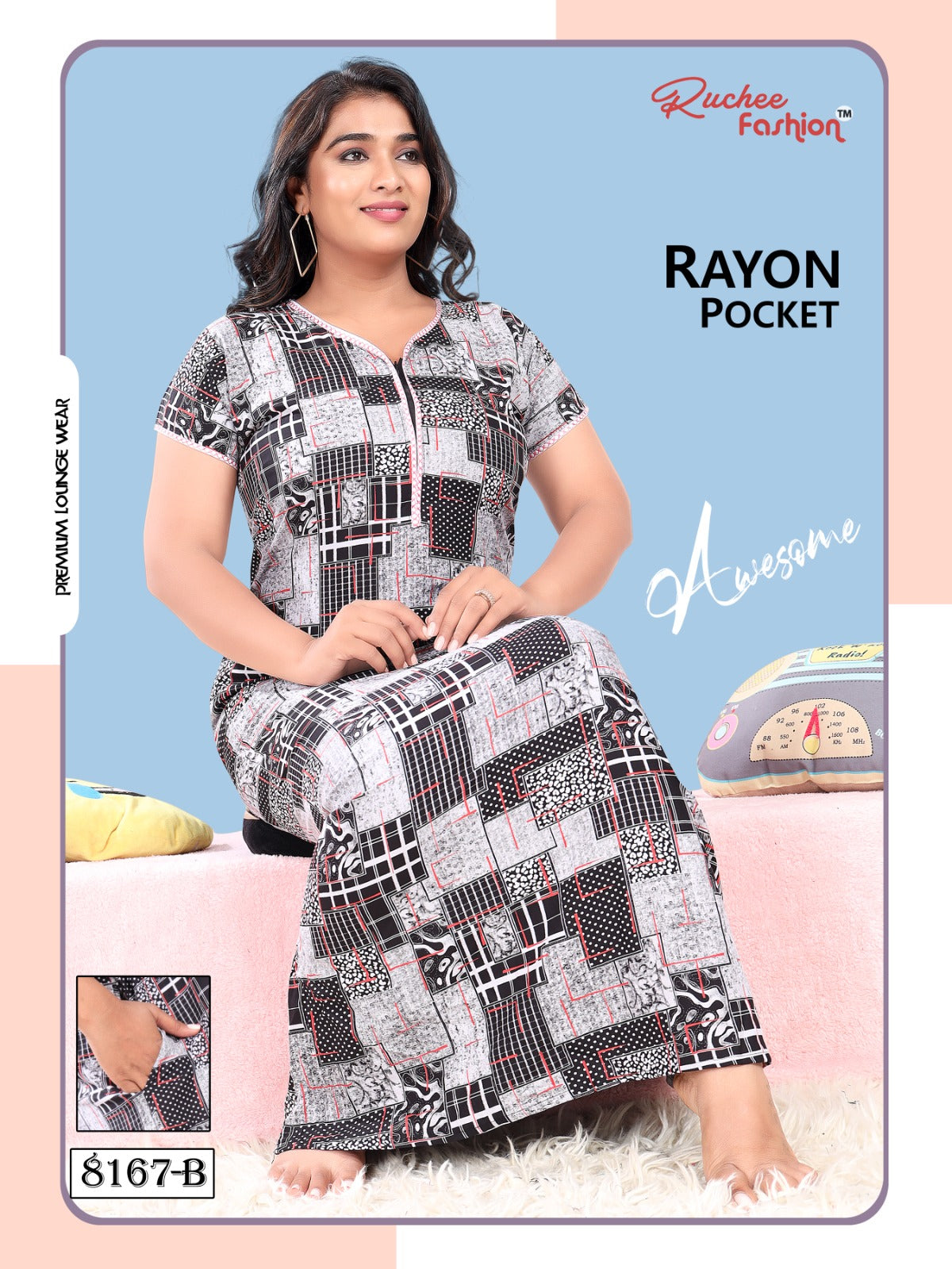 Rayon Pocket Ruchee Fashion Night Gowns
