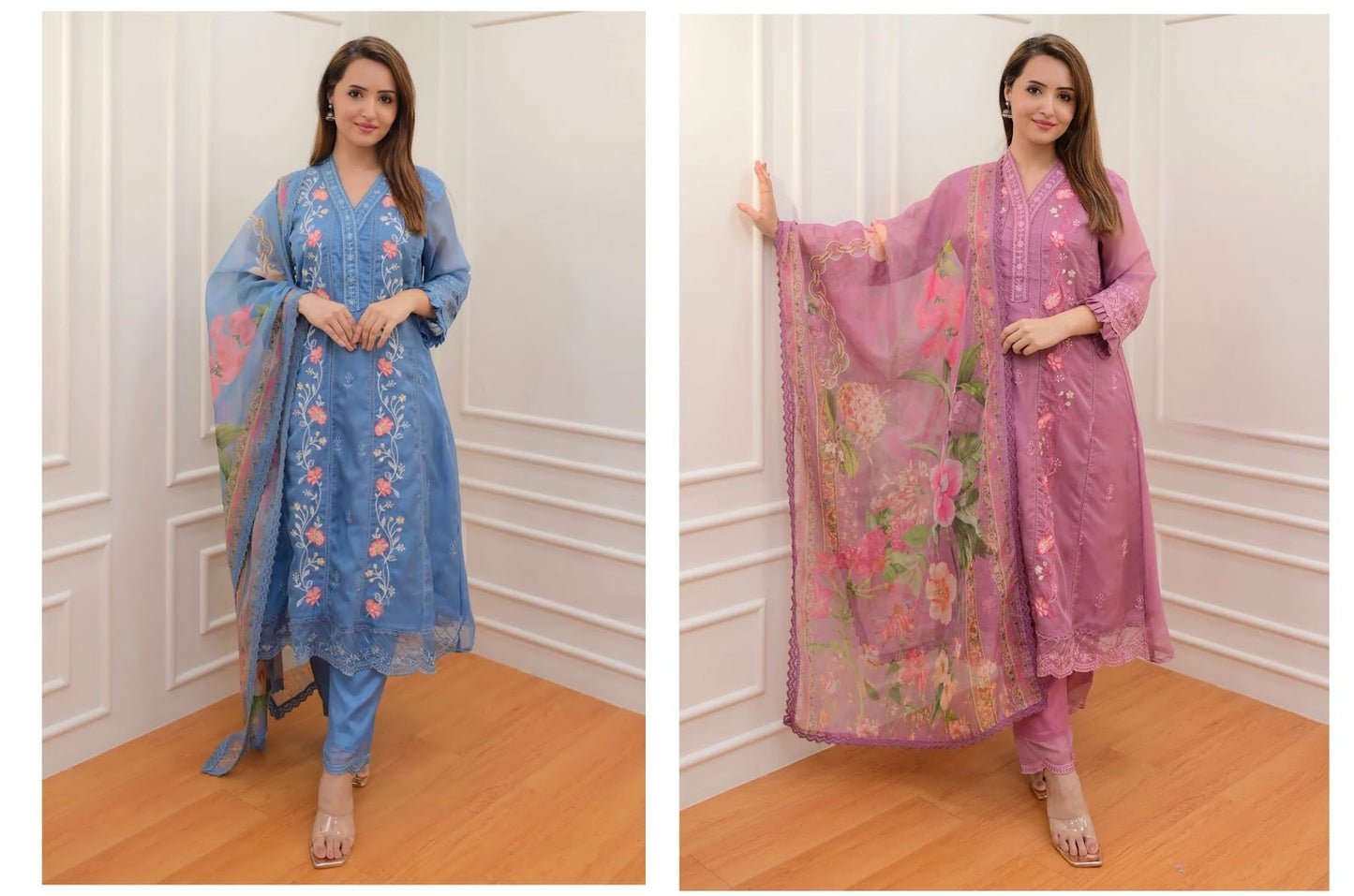 Sky Blue-Pink Aarohi Organza Readymade Pant Style Suits