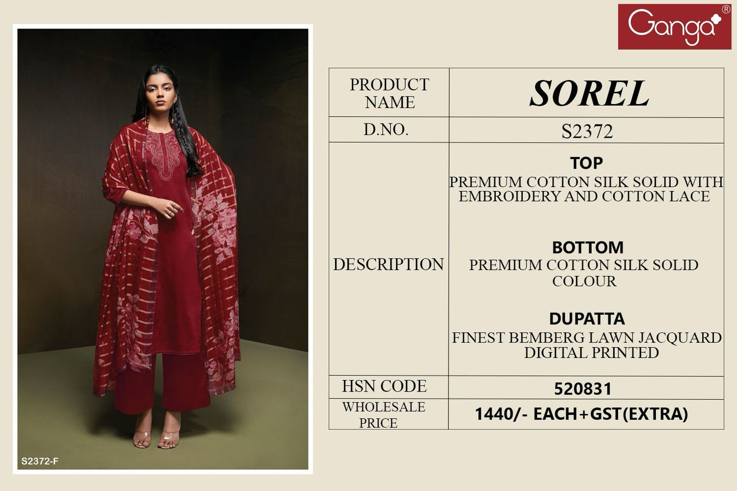 Sorel 2372 Ganga Cotton Silk Plazzo Style Suits