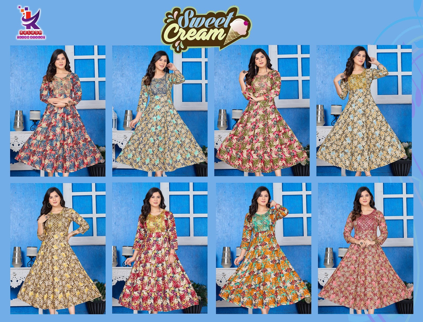 Sweet Cream Mlm Kalash Lifestyle Rayon 14Kg Anarkali Kurtis