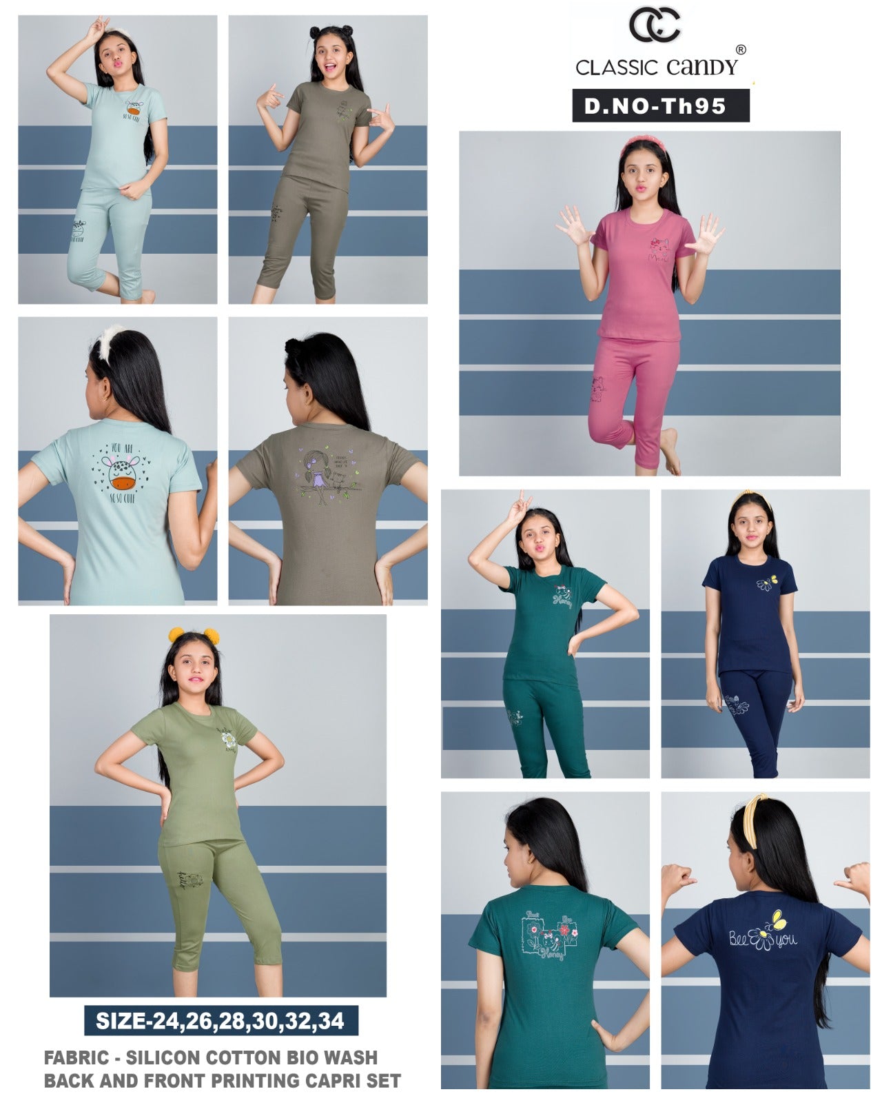 Th 95 Classic Candy Silicon Girls Capri Night Suits