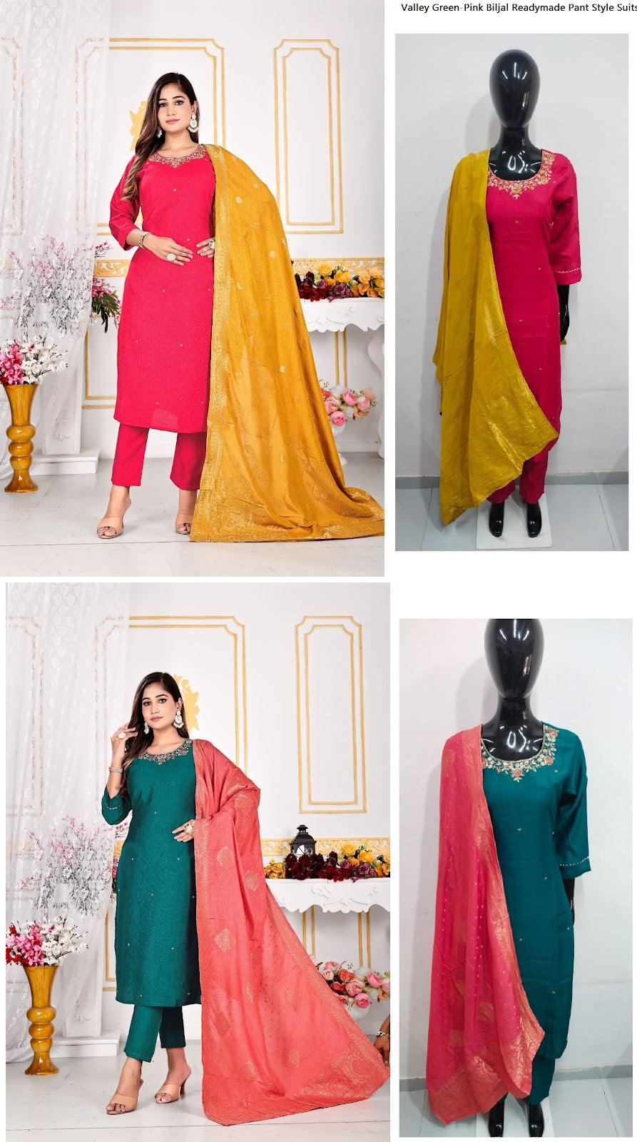 Valley Green-Pink Biljal Silk Readymade Pant Style Suits
