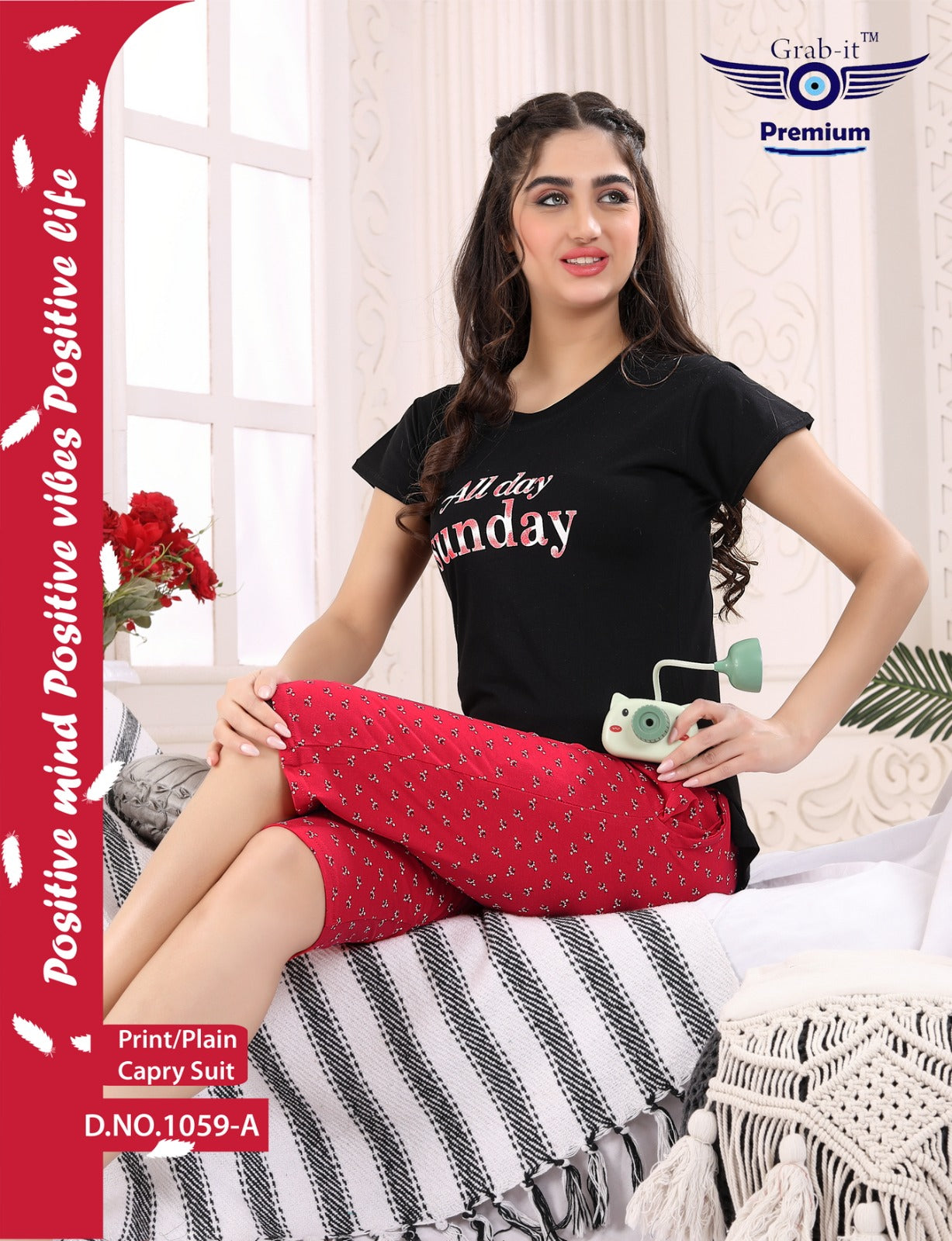 Vol 1059 A Grab It Print-Plain Capri Night Suits