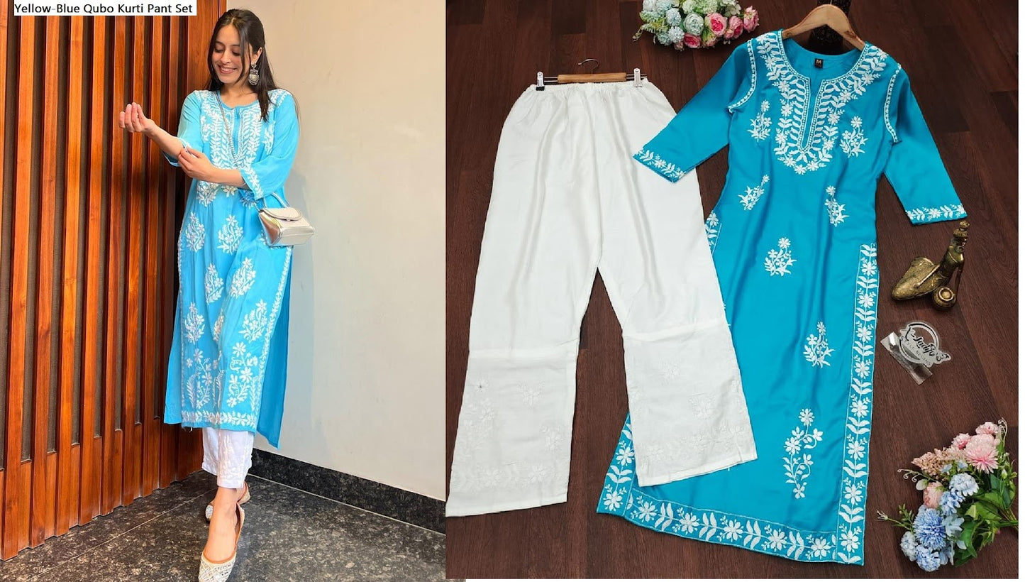 Yellow-Blue Qubo Rayon Kurti Pant Set