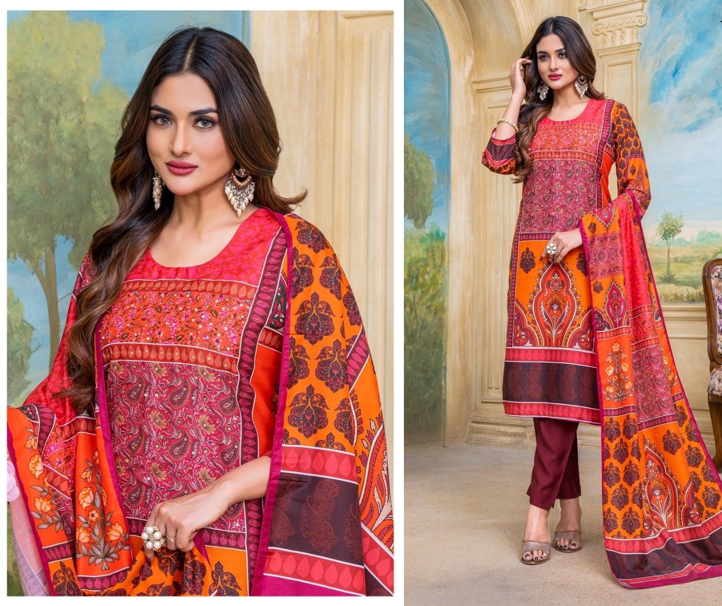 Yellow-Red-Avni Wanna Muslin Readymade Pant Style Suits