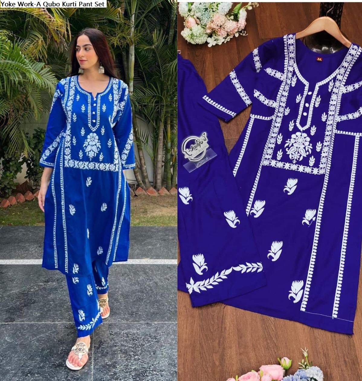 Yoke Work-A Qubo Rayon Cotton Kurti Pant Set