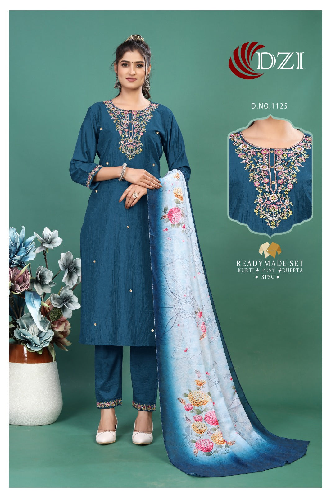 1125 1126 Dzi Chinon Embroidery Work Readymade Pant Style Suits