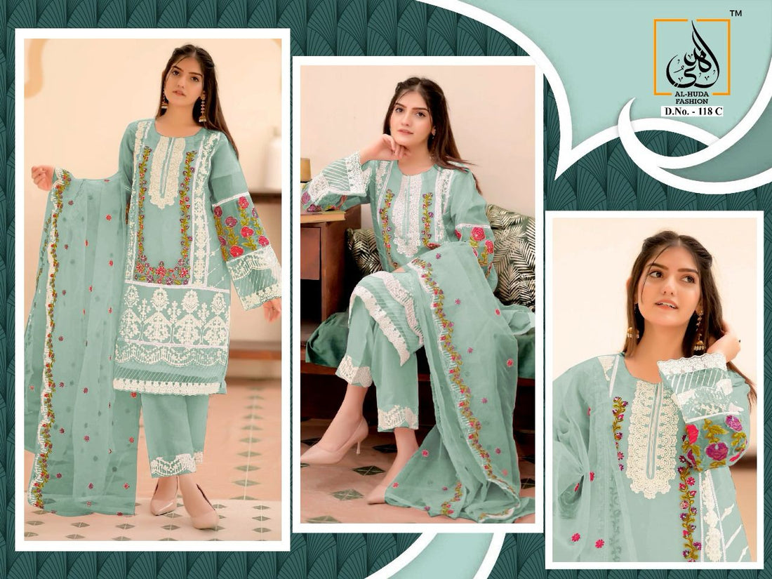 118 Al Huda Fashion Organza Embroidery Work Pakistani Readymade Suits