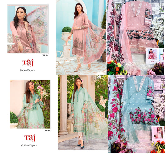460 461 Taj Creations Cotton Embroidery Work Pakistani Patch Work Suits