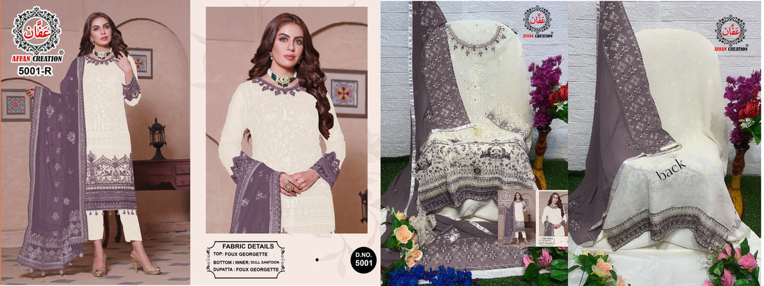 5001 Cream Affan Creation Fox Georgette Handwork Pakistani Salwar Suits