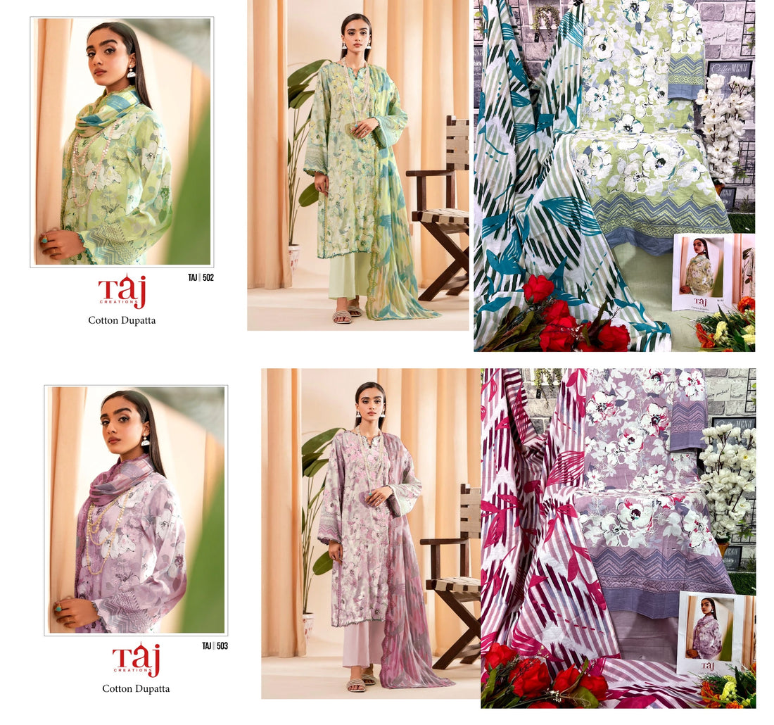 502 503 Taj Creations Pure Cotton Embroidery Pakistani Salwar Suits