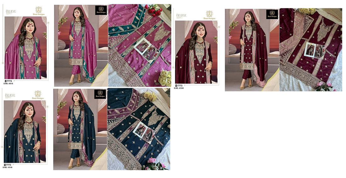 415 Ziaaz Designs Chinon Embroidery Work Pakistani Salwar Suits