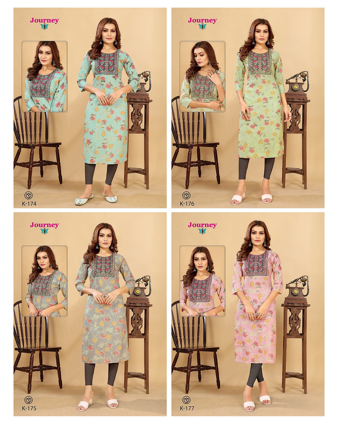 K 174 177 Journey Design With Work Long Straight Kurti