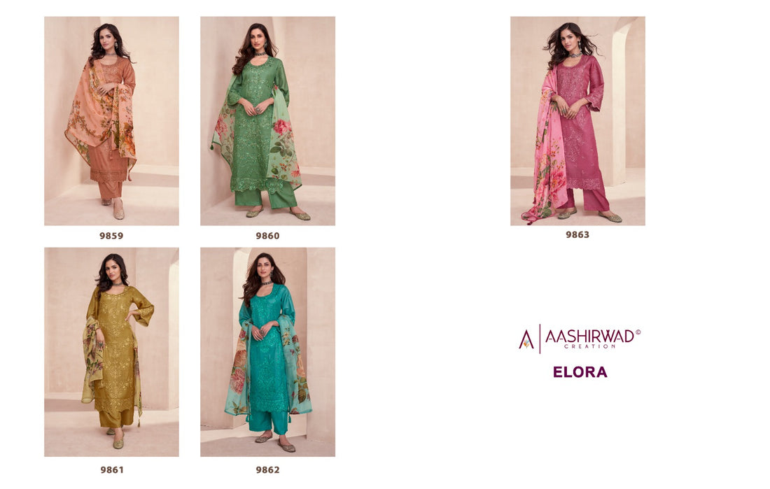 Elora Aashirwad Creation Tussar Silk Embroidery Work Pant Style Suits