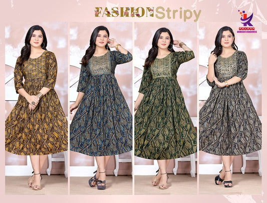 Fashion Stripy Mlm Kalash Lifestyle Rayon 14Kg Embroidery Work Anarkali Kurtis