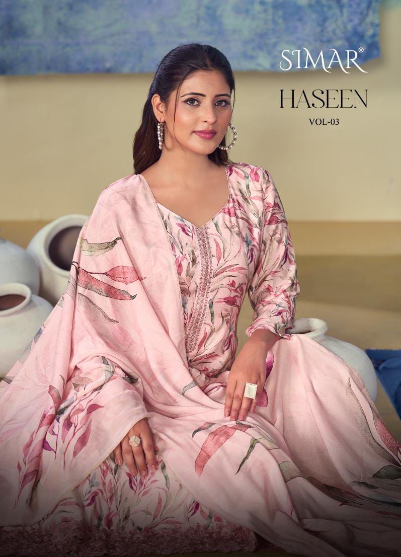 Haseen Vol 3 Simar Viscose Muslin Embroidery Work Pant Style Suits