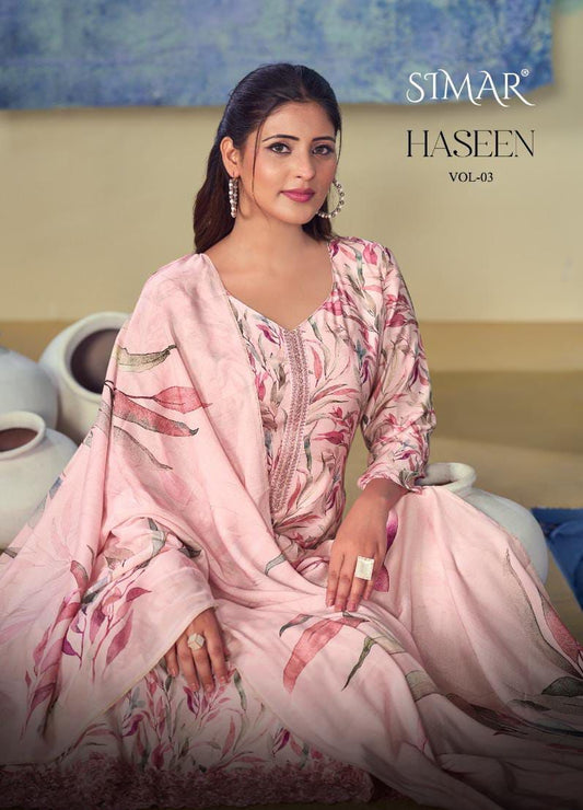 Haseen Vol 3 Simar Viscose Muslin Embroidery Work Pant Style Suits