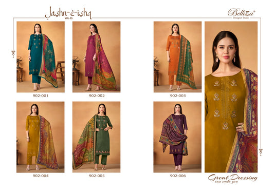 Jashn E Ishq Vol 5 Belliza Designer Studio Jaam Embroidery Work Pant Style Suits